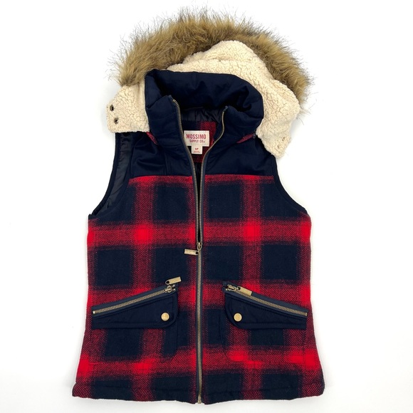 Mossimo Navy Burgundy Plaid Sherpa Faux Fur Fall Vest Size Small Zippered Hood - Picture 7 of 8